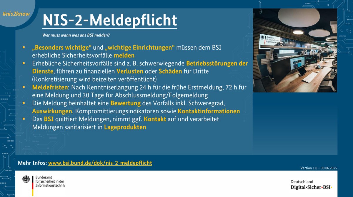 #Meldepflicht für #Cybervorfälle nach #NIS2 - das BSI hat eine Guideline zum Thema erstellt und einige wichtige Fragen beantwortet:
Können Meldungen zurückgezogen oder storniert werden?
Welchen Inhalt hat eine Meldung?
Wer kann für eine Einrichtung melden?
bsi.bund.de/DE/Themen/Regu…