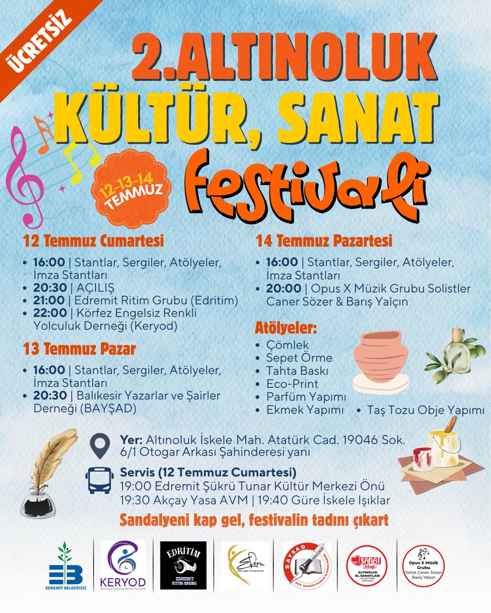 🎭📚🎶 Belediyemizin katkılarıyla düzenlenen "2. Altınoluk Kültür ve Sanat Festivali"ne tüm kentlilerimiz davetlidir. 

Sandalyeni Kap Gel, Festivalin Tadını Çıkart 🥳

🖇12-14 Temmuz 2025
📍Altınoluk İskele Mahallesi (Otogar arkası Şahindere yanı)

📌ÜCRETSİZ