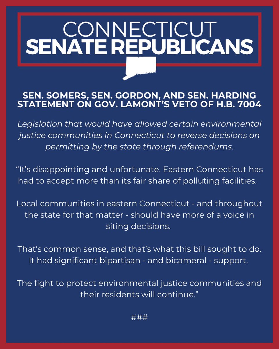 CTSenateGOP's tweet image. A statement from Sen. Heather Somers, Sen. Jeff Gordon and Sen. Stephen Harding regarding Governor Lamont’s veto of H.B. 7004.
🔗Read more here: ctnewsjunkie.com/2025/07/09/lam…