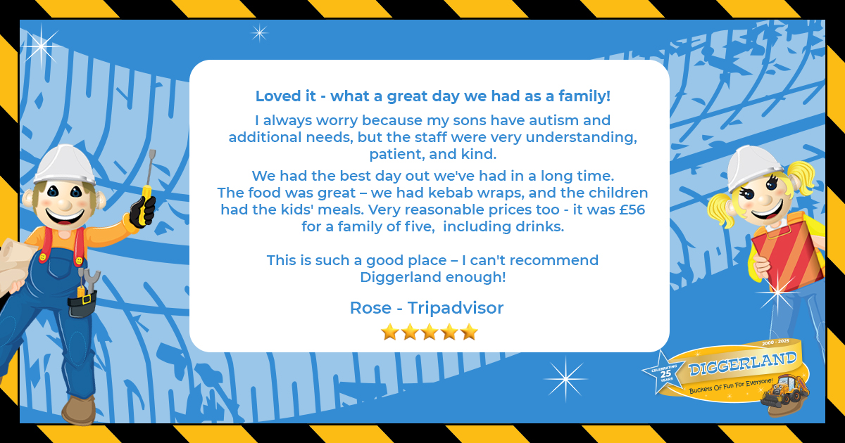 Had a fantastic time at Diggerland? We’d love to hear all about it!

Write your review here:  diggerland.com/tripadvisor-tr…

Your feedback helps others discover the fun and makes our team smile! 

#Diggerland #FamilyFun #DiggerlandUK #DaysOutWithKids #LeaveAReview