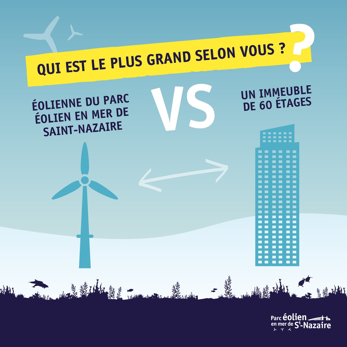 Qui est le plus grand selon vous ? Eolienne du #ParcEolienEnMerStNazaire 🆚 un immeuble de 60 étages ?