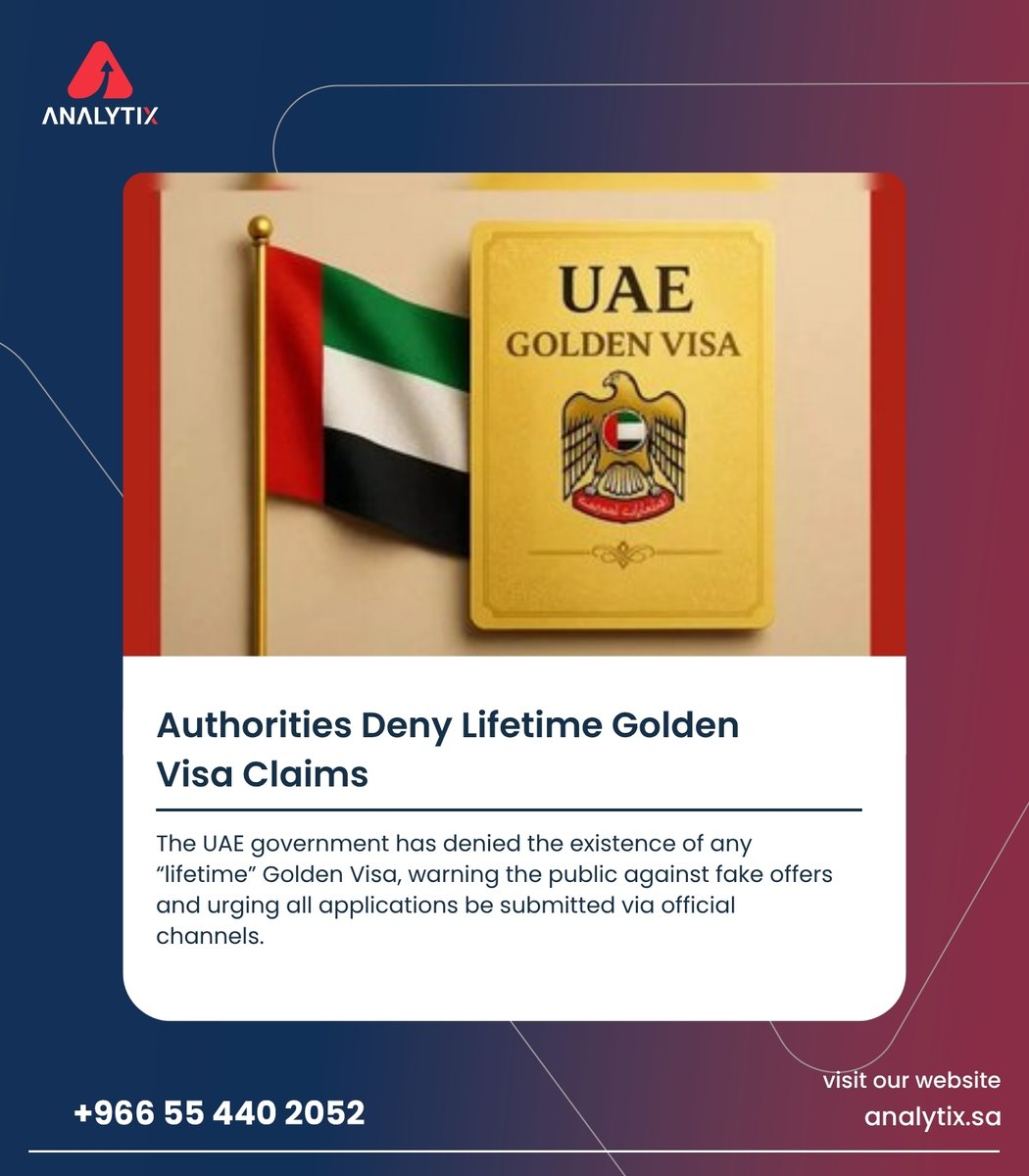Analytix_Global's tweet image. UAE warns public: No such thing as a lifetime Golden Visa. Stay alert and apply officially.

#UAEGoldenVisa #VisaScamAlert