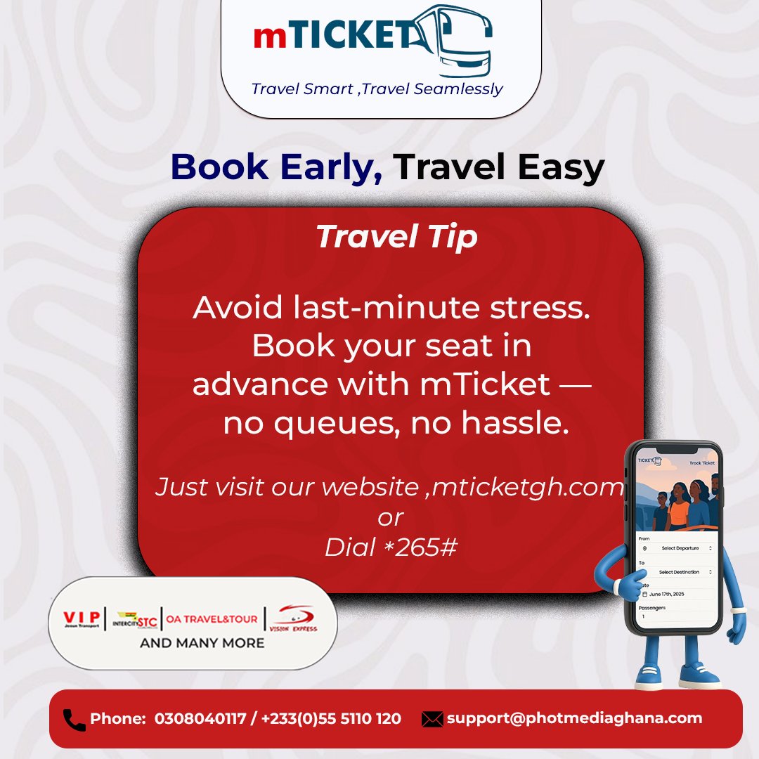 photmedia's tweet photo. Try mTicket ooo! 🎟️ Avoid the hassle, skip the queue, and travel smart. Book your bus ticket from your phone — no stress, no wahala. Dial 265# or visit https://t.co/MVw834mypk today!"
#MTicket #TravelSmart #NoQueueNoStress #STC #VVIP #VIPBus #MetroMass #GhanaTransport #BusBooking https://t.co/Arhv3UhaSc