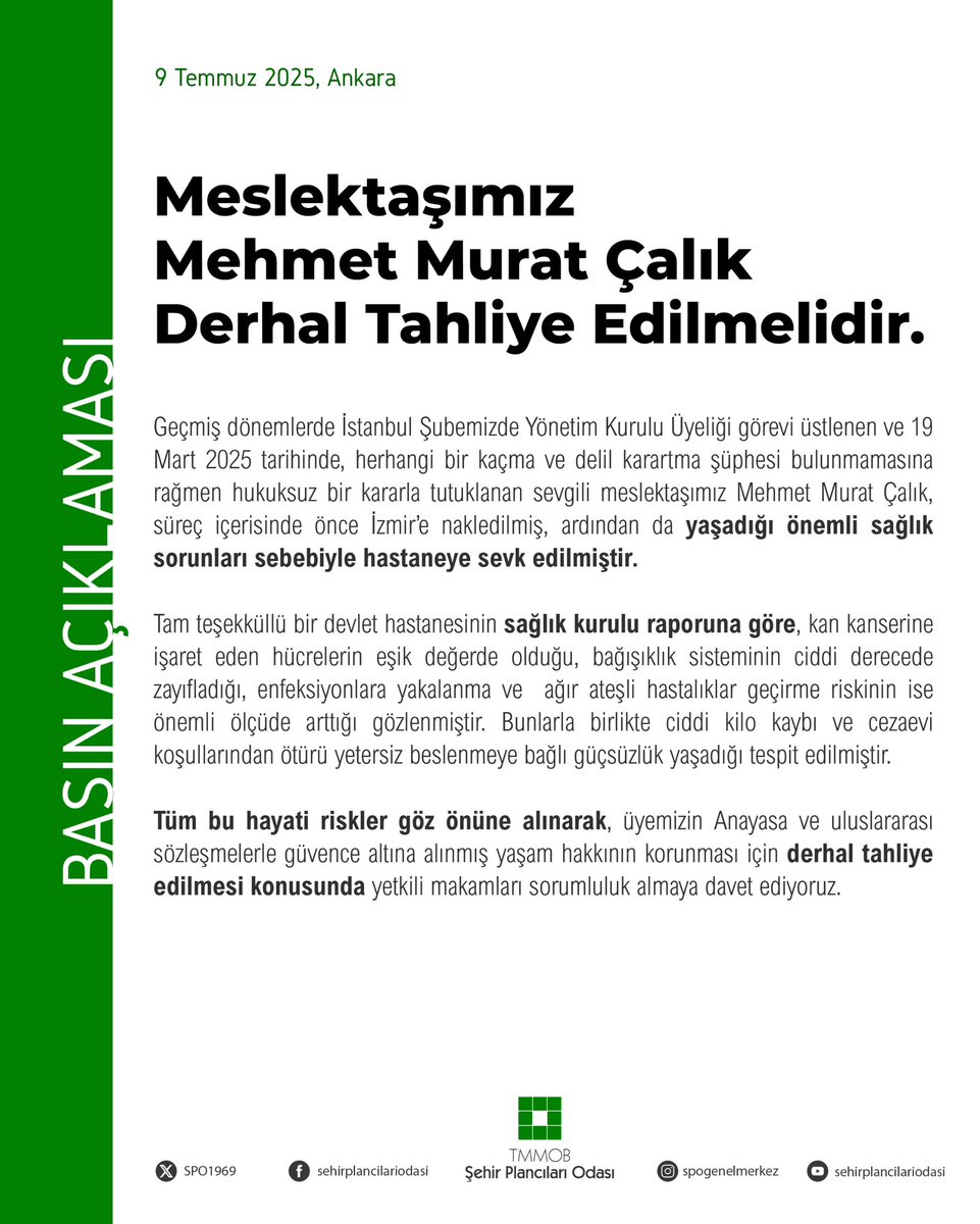 SPO1969's tweet image. Meslektaşımız Mehmet Murat Çalık Derhal Tahliye Edilmelidir
Geçmiş dönemlerde İstanbul Şubemizde Yönetim Kurulu Üyeliği görevi üstlenen ve 19 Mart 2025 tarihinde, herhangi bir kaçma ve delil karartma şüphesi bulunmamasına rağmen hukuksuz bir kararla tutuklanan sevgili…