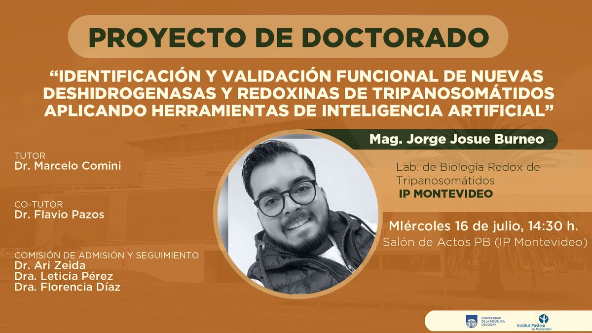 IPMontevideo's tweet image. 🔜 Defensa de proyecto de doctorado:
Jorge Josue Burneo, quien realizó su proyecto de doctorado en el Institut Pasteur de Montevideo, lo defenderá el miércoles 16 de julio.
📍 Salón de Actos de PB
🕚14:30
¡Éxitos Josue!🥳