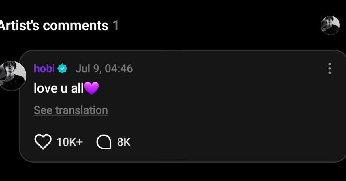 —  ⭐ | Comentario de Hobi en un post de Weverse: 

💜 (Una ARMY compartió un mensaje por el aniversario de ARMY)
🐿️ Los amo a todos💜

🔗 weverse.io/bts/fanpost/3-…