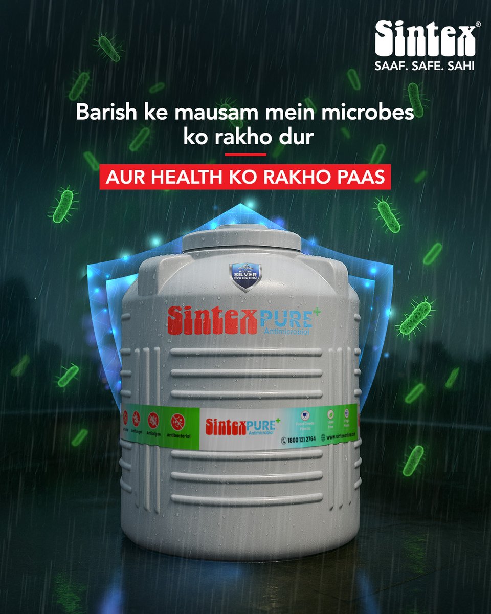 sintex_india's tweet photo. Monsoon water feels refreshing, but it can bring in bacteria and microbes too. Sintex Pure+ with Active Silver Technology keeps every drop safe. Clean water. Protected family.
#SahiHaiSintex #Sintex #SintexTanks #SaafSafeSahi #PurePlus #Monsoon #Health #Bacteria #Microbes https://t.co/VSg4EASreJ