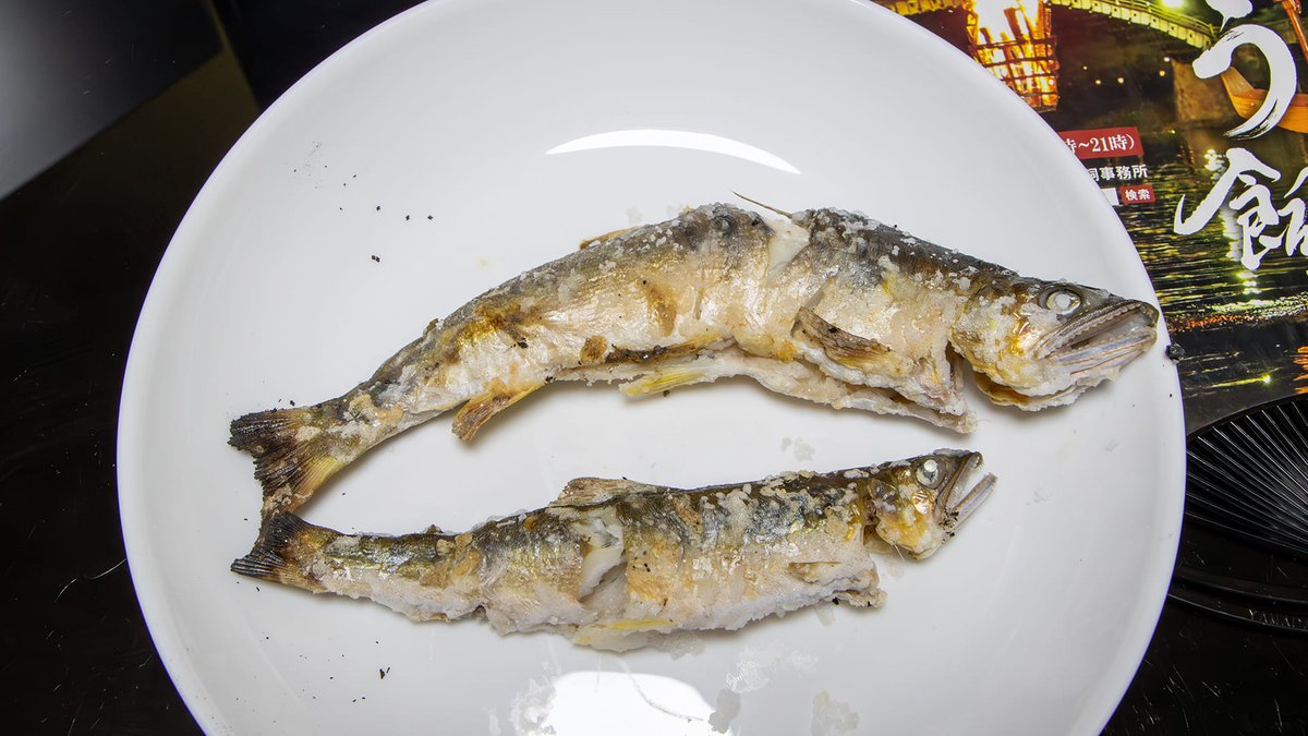 今日の錦帯橋鵜飼で取れた鮎をお客さんが誰も持って帰らなかったので、塩焼きにして頂きました。
22cmくらいでしょうか？神様、ご馳走様でした！