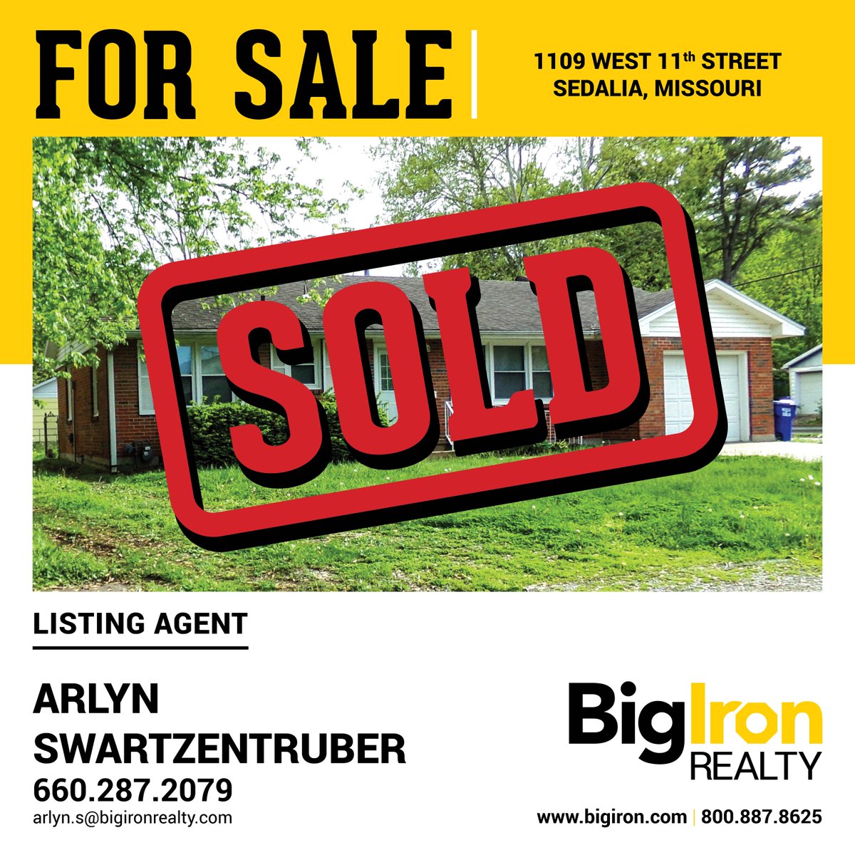 ✨ SOLD! Charming Corner-Lot Ranch in Sedalia, MO ✨
Congrats to the buyers &amp; sellers of 1109 W 11th St — sold with BigIron Realty! 🏡

3-bed, 1.5-bath brick home w/ shop, patio &amp; prime location.
👏 Thanks to Arlyn Swartzentruber &amp; Glen Ewing for a smooth sale!
#BigIronRealty
