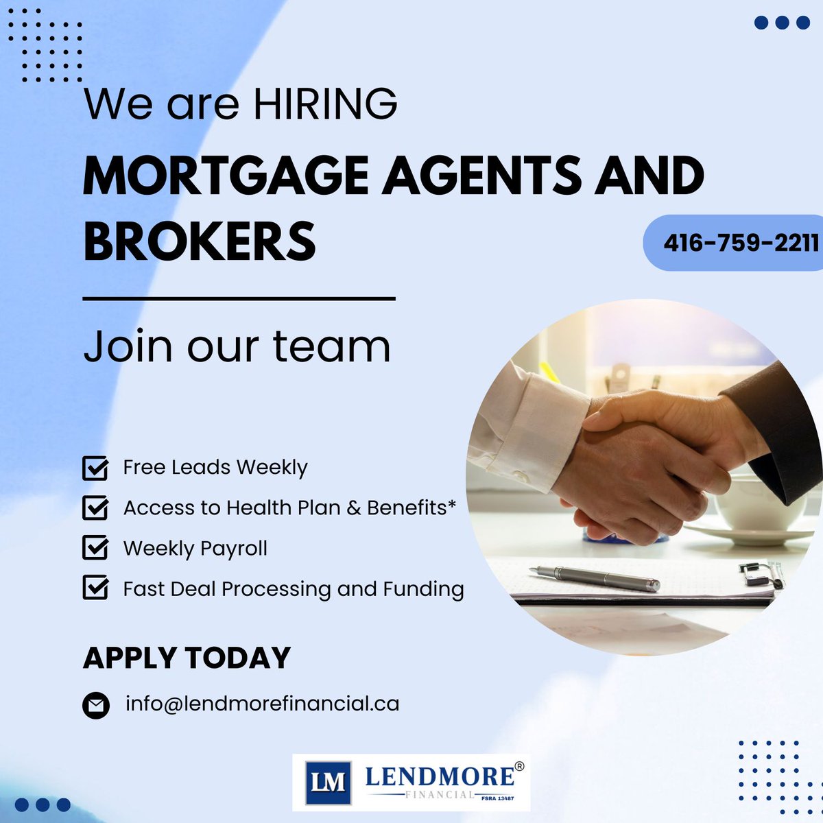 lendmoreFinance's tweet photo. We are HIRING, Mortgage Agents and Brokers!

#lendmore #mortgageagent #broker #hiring https://t.co/0W0OCy0LzV