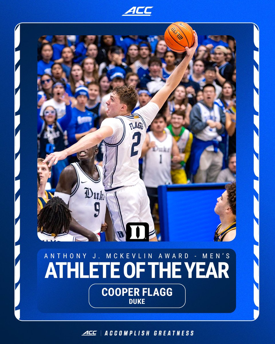 theACC's tweet image. 𝙊𝙣 𝙖𝙣𝙤𝙩𝙝𝙚𝙧 𝙡𝙚𝙫𝙚𝙡 📈
Cooper Flagg is your 2025 ACC Athlete of the Year!
🔗 theacc.co/25AthletesofYe…