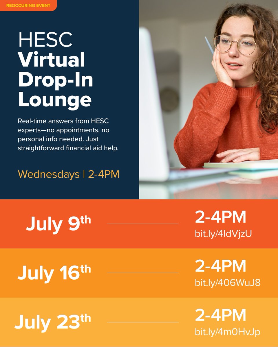 NYSStudentAid's tweet image. Have questions only a Financial Aid professional can answer?
Join our upcoming virtual drop-in events, tailored for students exploring higher education! Chat live with HESC experts, no appointments, no hassle.
Discover more information here: bit.ly/3GEW1qS
#HESC #NYS