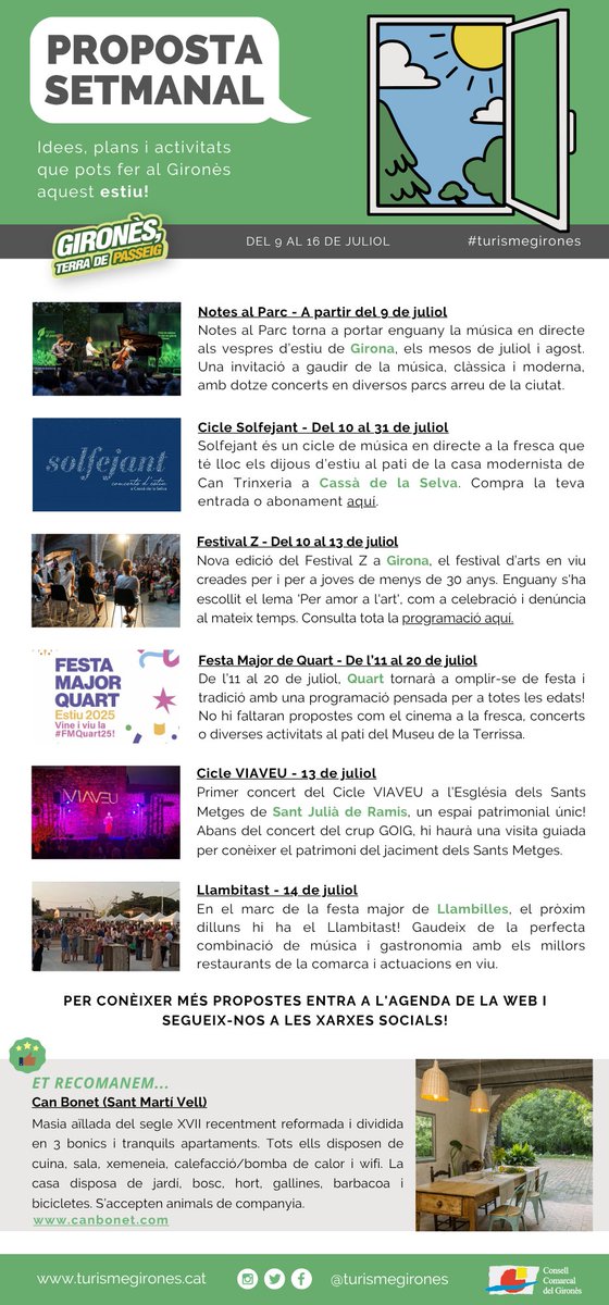 🌙 Nits de gresca, per gaudir a la fresca!

🗓️ Consulta la nostra #PropostaSetmanal del 9 al 16 de juliol al #Gironès!

➡️ turismegirones.cat/wp-content/upl…

📬 Entra al web i SUBSCRIU-TE per rebre-la cada setmana abans que ningú!

#turismegirones