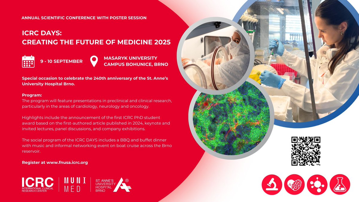 Michal Masarik (@biochemik2204) on Twitter photo Dear all, it is my great pleasure to invite you to the ICRC DAYS 2025 Conference,which will be held from 9 to 10 September 2025 at Masaryk University/Faculty of Medicine, Campus Brno – Bohunice.
You are all cordially invited.
fnusa-icrc.org/en/icrc-days-2/
<a href="/FNUSA_ICRC/">International Clinical Research Center</a> <a href="/Science_MEDMUNI/">Science @ MED MUNI</a> Dear all, it is my great pleasure to invite you to the ICRC DAYS 2025 Conference,which will be held from 9 to 10 September 2025 at Masaryk University/Faculty of Medicine, Campus Brno – Bohunice.
You are all cordially invited.
fnusa-icrc.org/en/icrc-days-2/
<a href="/FNUSA_ICRC/">International Clinical Research Center</a> <a href="/Science_MEDMUNI/">Science @ MED MUNI</a>