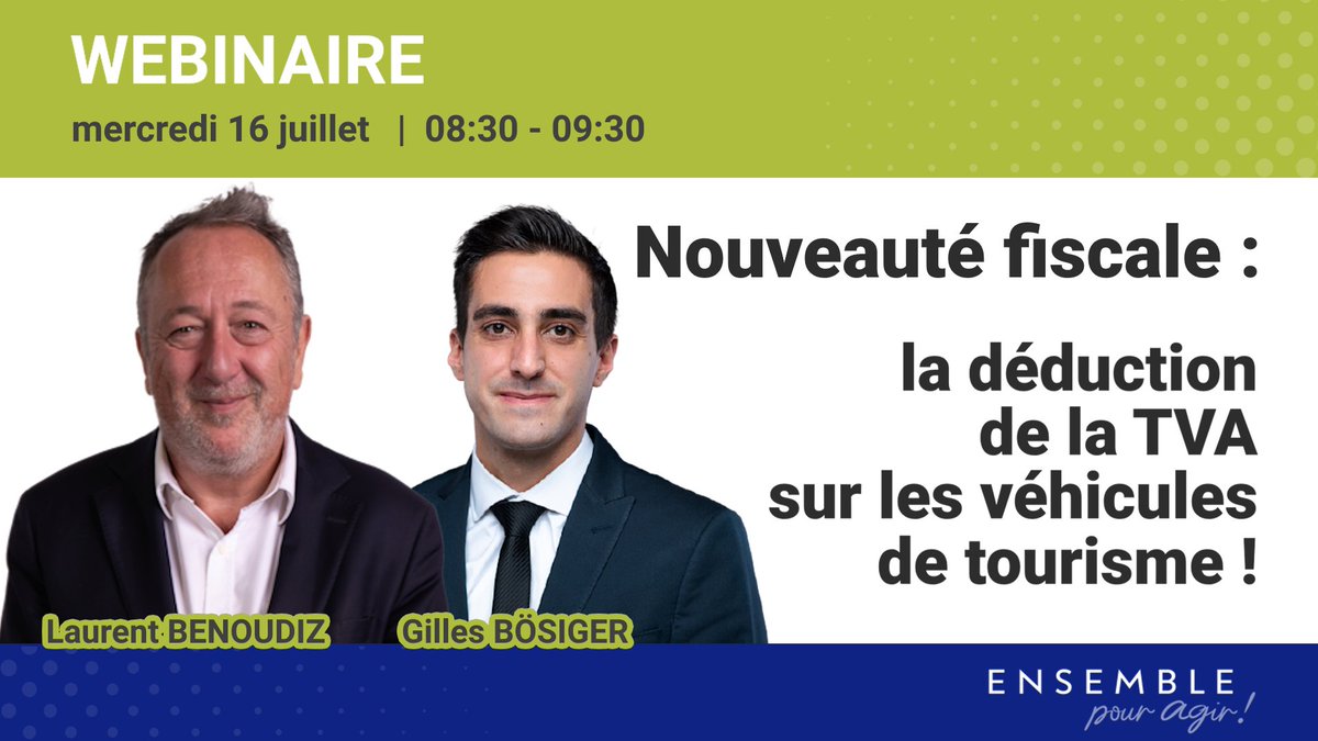 🚀#Webinaire Nouveauté fiscale : la déduction de la TVA sur les véhicules de tourisme🚗
🎤 Avec Laurent Benoudiz et Gilles Bösiger
📅Rdv le 16 juillet à 8h30 
👉Inscription par ici bit.ly/4bm2gLv