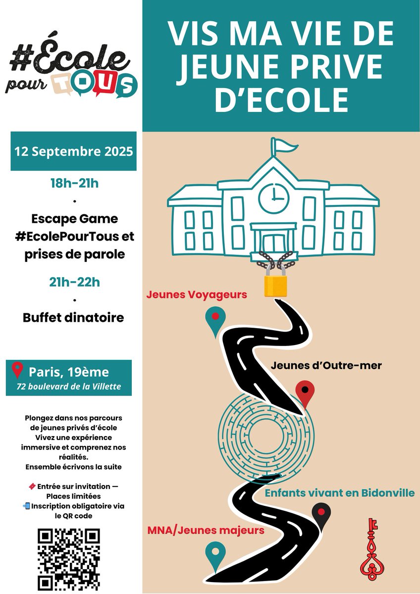 🎒 "Vis ma vie de jeune privé d’école”, un évènement inédit et immersif le 12 septembre à Paris.

Vous serez plongés dans notre quotidien et celui des 100 000 enfants et jeunes qui nous ressemblent et qui sont privés d’école en France. 

Inscription ➡️forms.gle/BSVxP4RNEkPjyZ…