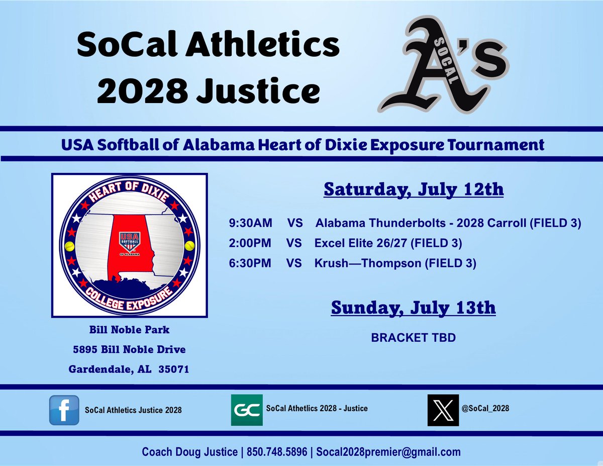 Looking forward to attending the USA Heart of Dixie Camp Friday evening and hitting the field with my team this weekend! Hope you can come watch! Schedule ⬇️
<a href="/SoCal_2028/">So Cal Athletics 2028 Justice</a> <a href="/AndyLeeNWF/">Andy Lee</a> <a href="/Kelly_Brookins/">Kelly Brookins</a> <a href="/bbeall0628/">Brittany Scott Beall</a> <a href="/ElzeyMatt/">The Coach</a>