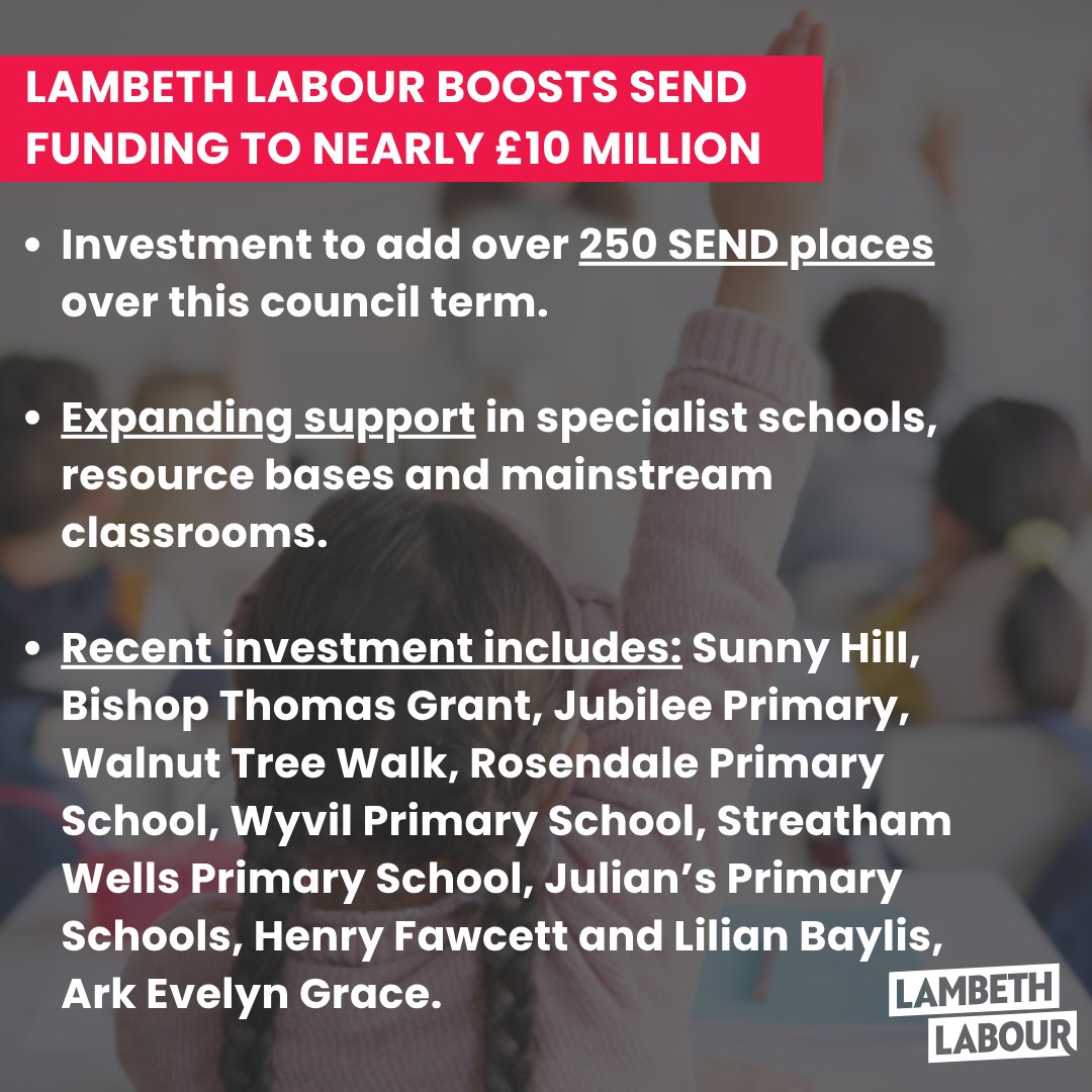 LambethLabour's tweet image. 📢 Major funding boost for SEND in Lambeth!
Over 250 new SEND places are being created across Lambeth.
💬 This is about opportunity, inclusion & investing in every child’s future.
#OnYourSide