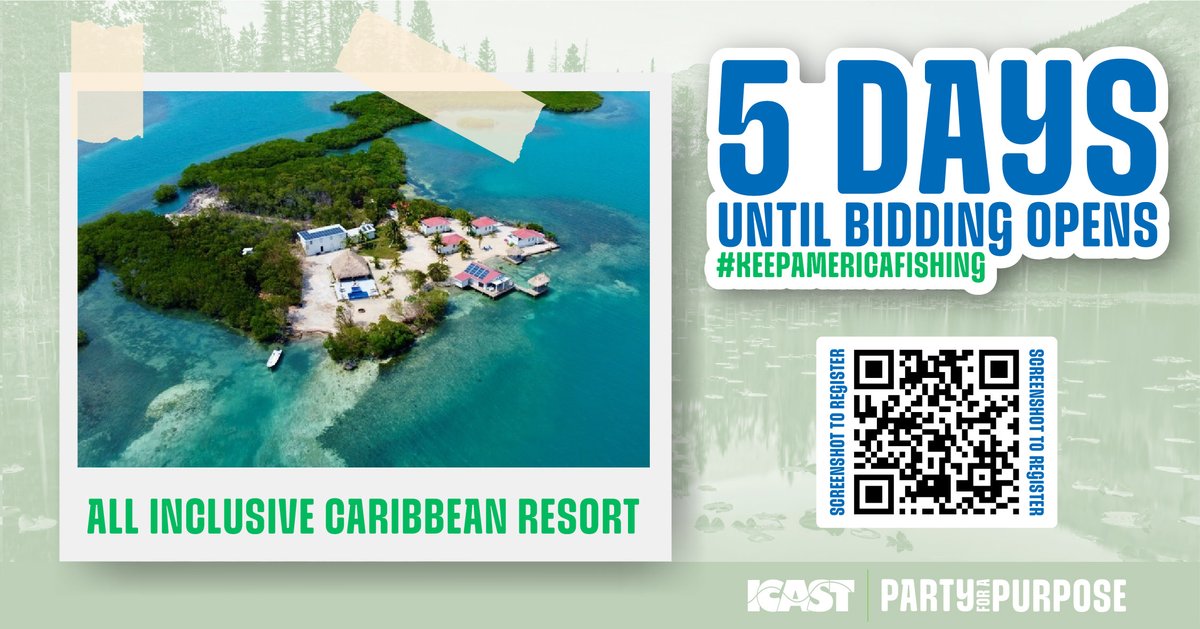 ASAFishing's tweet image. In 5 days you can start bidding on an all-inclusive Caribbean Dream Vacation to a private island in Southern Belize full of fishing and adventure. Cast your support and fight for your right to fish and #KeepAmericaFishing
bit.ly/4lzPNYg
#ICAST2025 | #ICAST | #ICASTSHOW