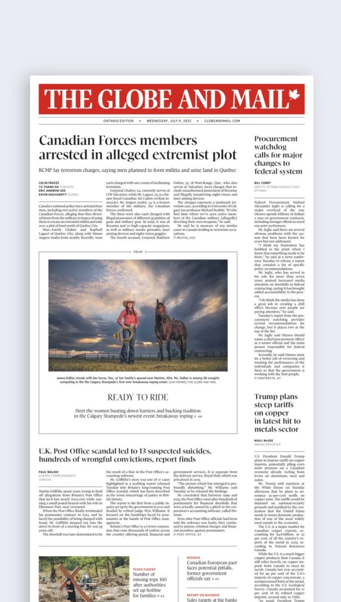 Ethan_Lou's tweet image. The front page of the Globe and Mail for Wednesday, Jul 9, 2025: