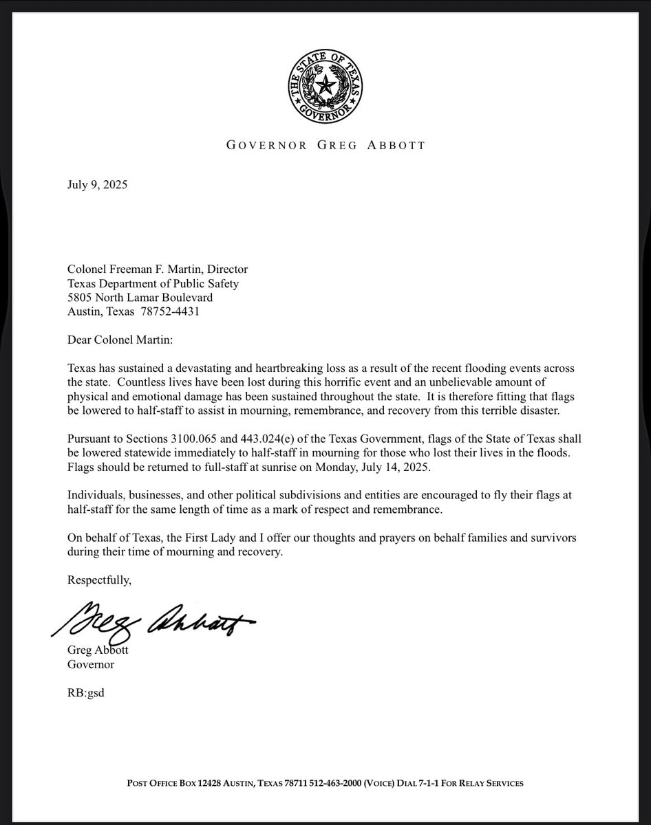 Brad Johnson (@bradj_tx) on Twitter photo Inbox: <a href="/GregAbbott_TX/">Greg Abbott</a> orders flags to be at half-staff until Monday in honor of the lives lost in the Hill Country flooding. #txlege Inbox: <a href="/GregAbbott_TX/">Greg Abbott</a> orders flags to be at half-staff until Monday in honor of the lives lost in the Hill Country flooding. #txlege