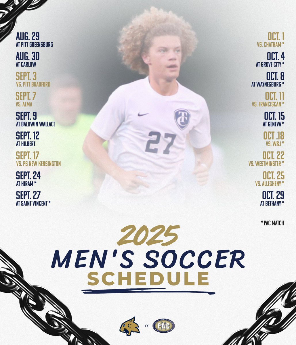 Thiel Athletics (@thielathletics) on Twitter photo โฝ๐๐พ๐๐๐ฟ๐๐๐ ๐๐๐๐๐ผ๐๐๐๏ธ
The 2025 Men's Soccer schedule is here!
Check out the full slate of matchups as the Tomcats gear up for another exciting season on the pitch!
๐๏ธthielathletics.com/sports/mens-soโฆ
๐ฐthielathletics.com/news/2025/7/9/โฆ
#TomcatPride | <a href="/PAC_Athletics/">Presidentsโ Athletic Conference</a> โฝ๐๐พ๐๐๐ฟ๐๐๐ ๐๐๐๐๐ผ๐๐๐๏ธ
The 2025 Men's Soccer schedule is here!
Check out the full slate of matchups as the Tomcats gear up for another exciting season on the pitch!
๐๏ธthielathletics.com/sports/mens-soโฆ
๐ฐthielathletics.com/news/2025/7/9/โฆ
#TomcatPride | <a href="/PAC_Athletics/">Presidentsโ Athletic Conference</a>