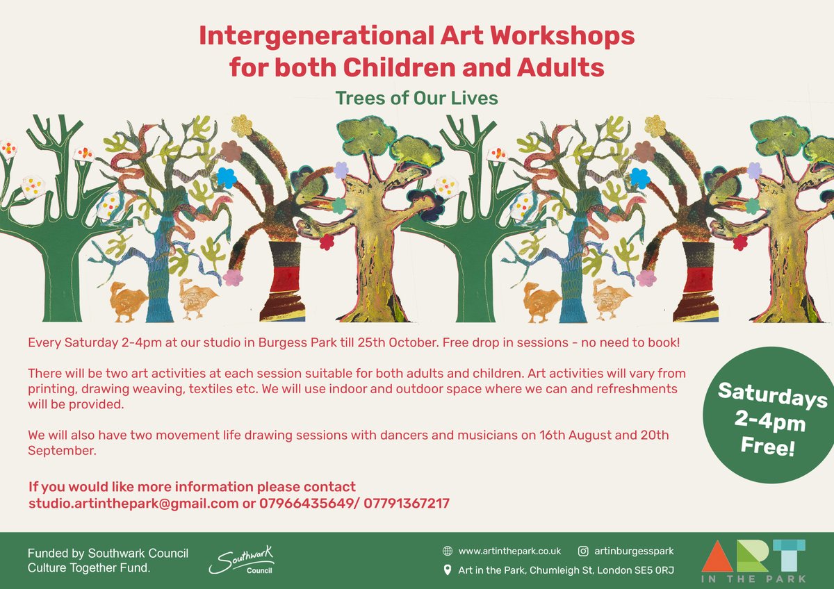 Art in the Park is a free intergenerational art workshops bringing children and adults together through creativity!
 Funded by Southwark Council Culture Together Fund.
Date: Every Saturday until 25th October
Time: 14:00-16:00
Location: Burgess Park, SE5 0RJ