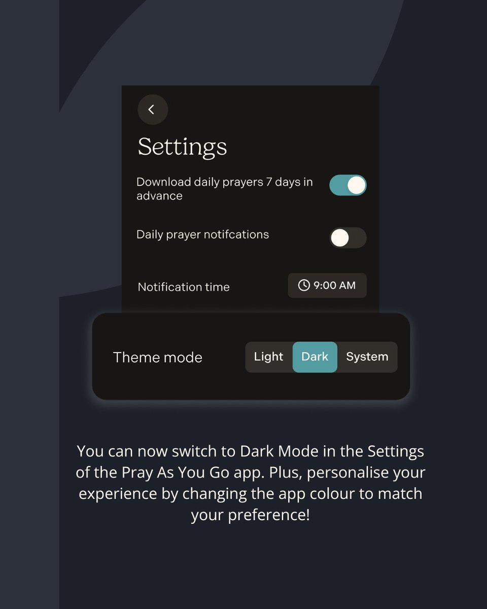 prayasugo's tweet image. You requested it, we’ve created it! Our new Dark Mode setting is a calming option for your prayer time. Swipe to find out how to switch on Dark Mode in the app.
#PrayAsYouGo #PrayAsYouGoAPP #prayerapp #Catholic #Christian #catholicapp #christianapp #Dailyprayer #Jesus #Darkmode