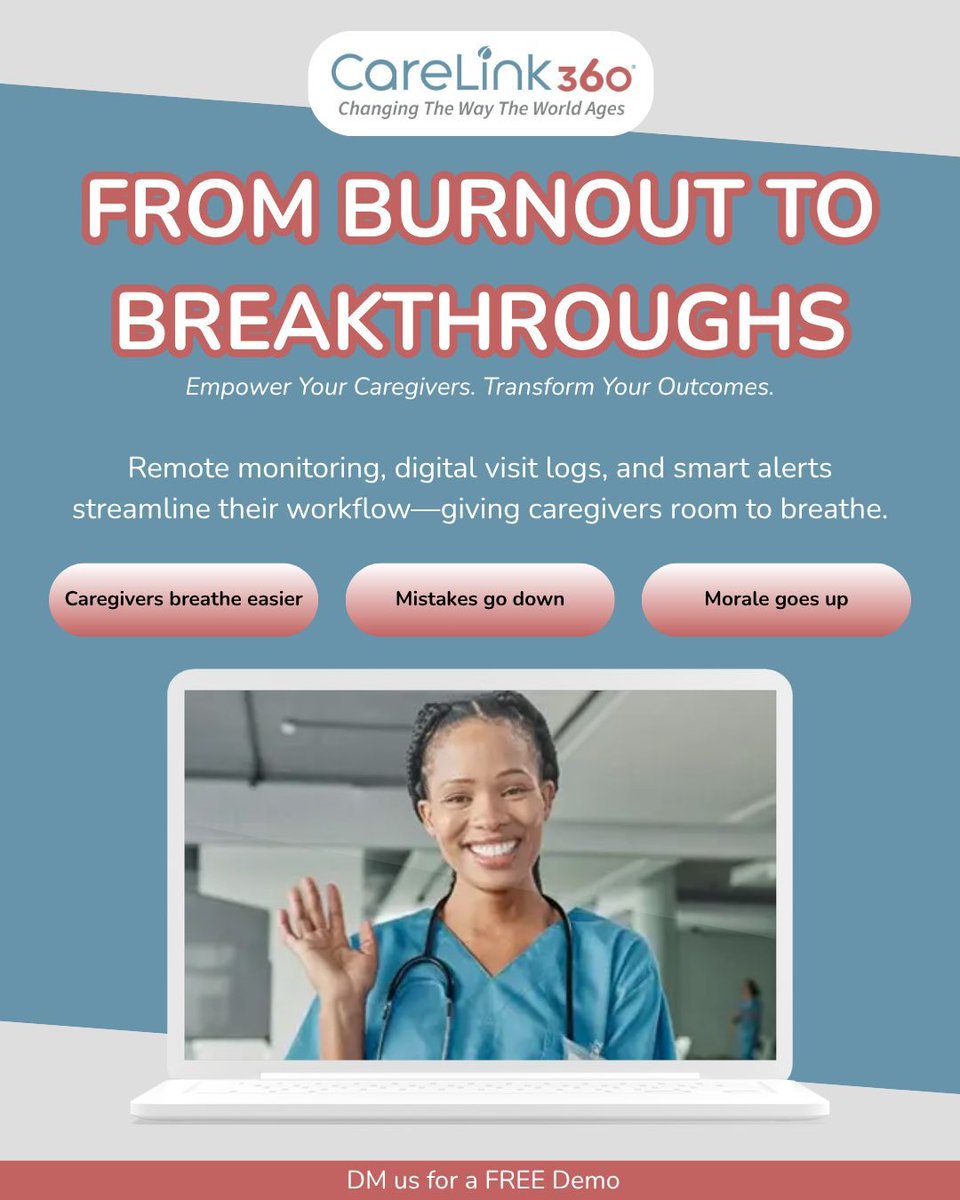 From Burnout to Breakthroughs.
Caregivers are overwhelmed. CareLink360 + ALBERTai offers smart alerts, remote monitoring &amp; visit logs—so they can breathe easier.
Less stress. Fewer mistakes. Happier teams.
👉 DM us for a FREE Demo.
#CaregiverSupport #CareLink360 #InnovationInCare