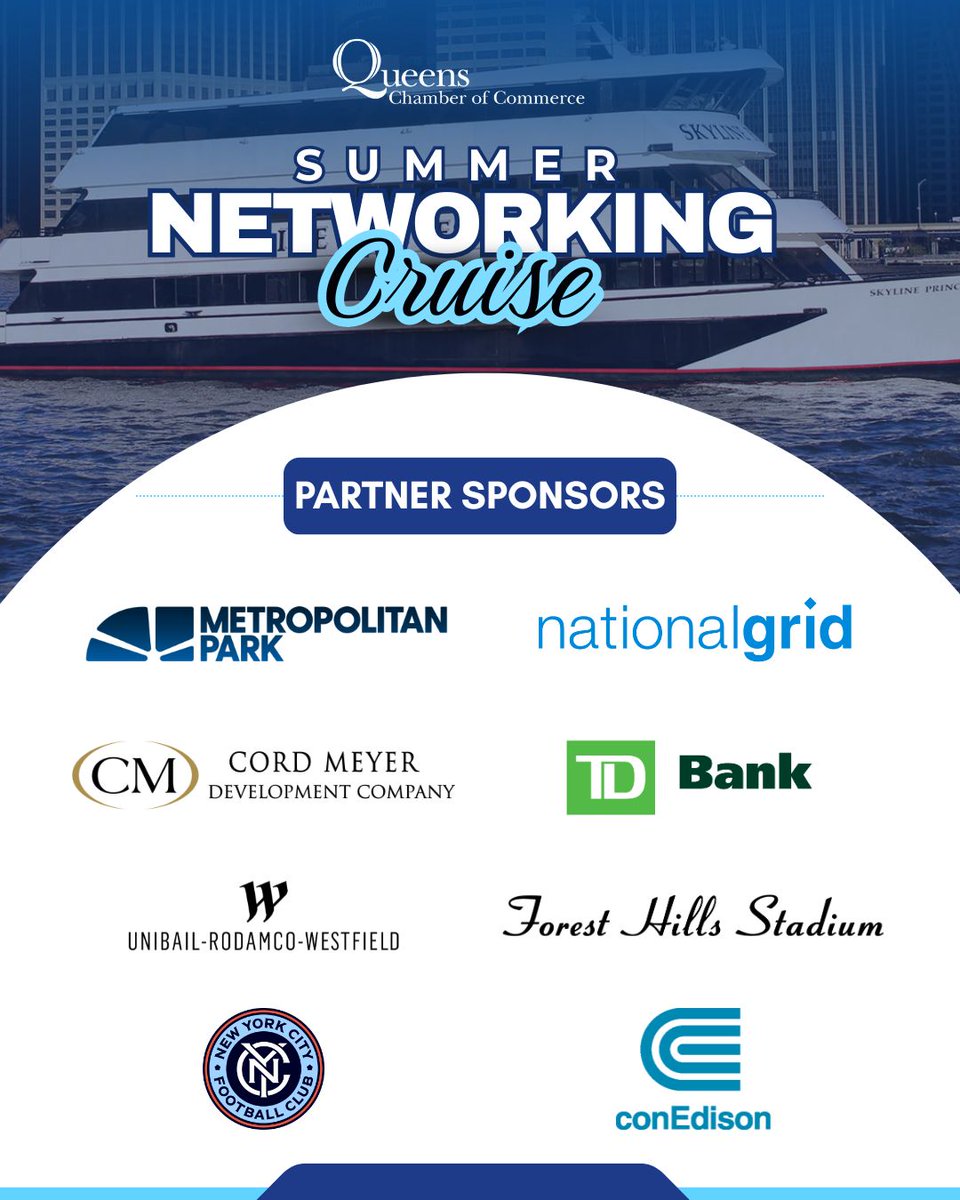 QueensChamber's tweet image. Our QCC Summer Networking Cruise 2025 is happening today! We’re so excited to bring everyone together for a night full of good vibes, great people, and meaningful connections. ☀️

THANK YOU to our amazing sponsors — we couldn&apos;t do it without you! #QueensNY #SummerNetworking