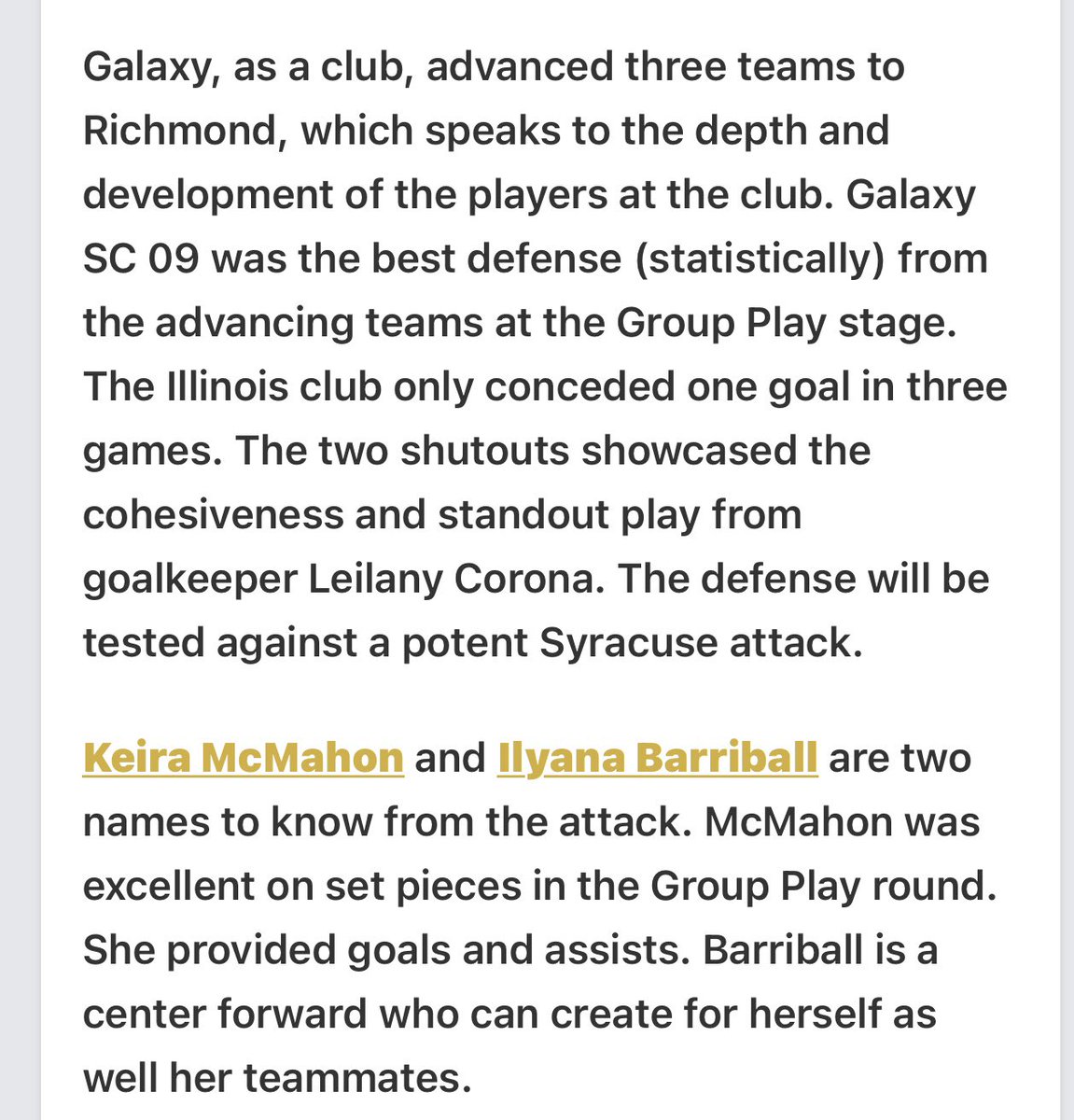Keira_McMahon10 (@keiramcmah33108) on Twitter photo Thank you <a href="/JREskilson/">J.R. Eskilson</a> & <a href="/PrepSoccer/">Prep Soccer ⚽️</a> for the preview of our team 💪🏼. Appreciate the mention. Time to get to work ‼️
<a href="/galaxy09GA/">Galaxy2009GA</a>
<a href="/GalaxySCIL/">Galaxy Soccer Club</a>
<a href="/ImYouthSoccer/">ECNL/GA/Recruiting/College Soccer</a> Thank you <a href="/JREskilson/">J.R. Eskilson</a> & <a href="/PrepSoccer/">Prep Soccer ⚽️</a> for the preview of our team 💪🏼. Appreciate the mention. Time to get to work ‼️
<a href="/galaxy09GA/">Galaxy2009GA</a>
<a href="/GalaxySCIL/">Galaxy Soccer Club</a>
<a href="/ImYouthSoccer/">ECNL/GA/Recruiting/College Soccer</a>