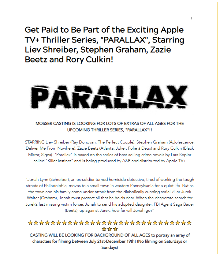 On behalf of Nancy Mosser Casting: 

"MOSSER CASTING IS LOOKING FOR LOTS OF EXTRAS OF ALL AGES FOR THE UPCOMING APPLE TV+ THRILLER SERIES, PARALLAX!!"

Find more information and apply at: pghfilm.org/listing/backgr…

Please reach out to Mosser Casting with any questions. 

#ratedpgh