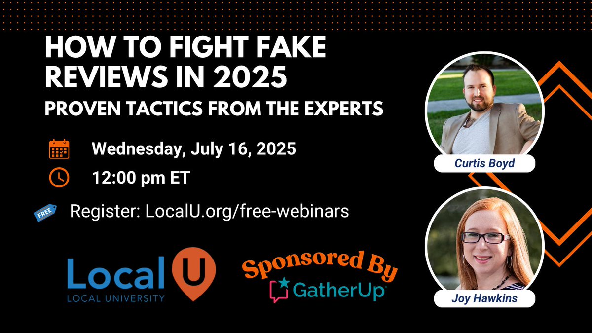 localuniv's tweet image. 🌐 Fake reviews are on the rise! Join @JoyanneHawkins & @DataBoyd on July 16 to learn proven tactics for fighting back.
Protect your business in 2025. It’s free—sign up today!
This webinar is generously sponsored by @GatherUp
localu.org/webinar-fake-r…