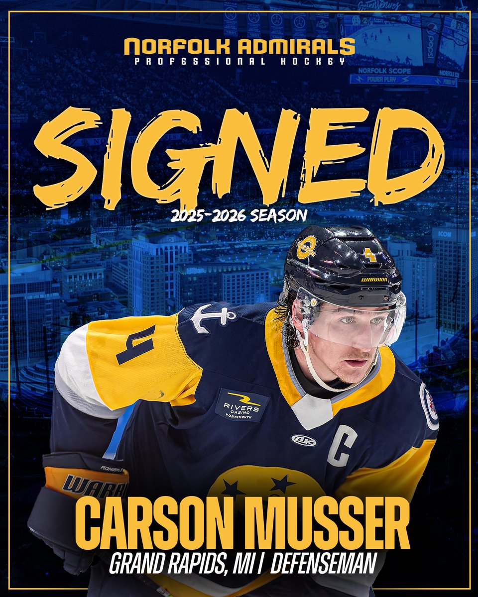 NorfolkAdmirals's tweet image. THE CAPTAIN IS BACK! 🫡 Carson Musser returns to Norfolk for his fifth season! ⚓️

[ 📝 DETAILS: norfolkadmirals.com/news/2025/07/s… | @MusserCW | @ECHL ]