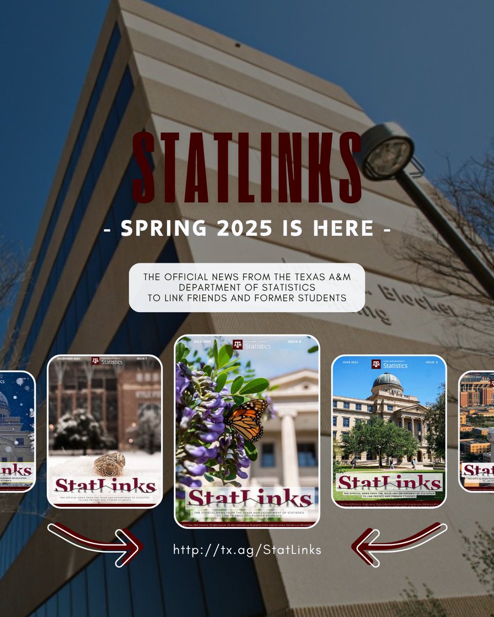 TAMUstats's tweet image. πΈ Spring into stats! πΈ
The Spring 2025 StatLinks is here! π Catch up on campus news, highlights, and all things TAMU Statistics.
π Read now: tx.ag/StatLinks
#TAMUStatistics #StatLinks #Spring2025 #AggieStats #TAMU #DepartmentOfStatistic
