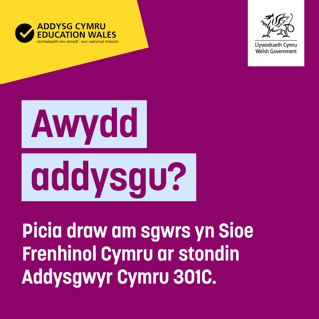 AddysguCymru's tweet image. Wyt ti’n mynd i'r @royalwelshshow wythnos nesa?
Tyrd i gael sgwrs gyda thîm Addysgwyr Cymru am ddilyn gyrfa ym maes addysgu uwchradd 🙌
#AddysguCymru