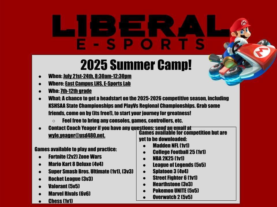 Come level up your gamer skills this summer at LHS! 7th graders-8th graders and high school students are welcome. Don’t miss out—it's free and packed with a variety of games to choose from.  July 21-24 at East Campus! #onforliberal #esports