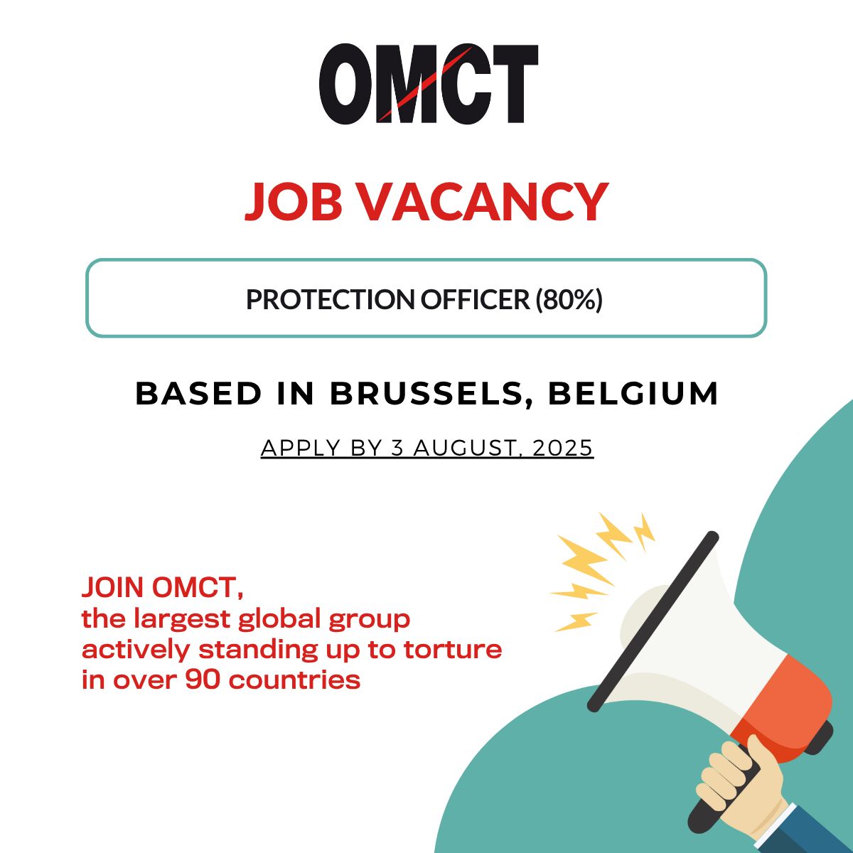 omctorg's tweet image. 📢🇹🇳 OMCT is hiring in Brussels!
We’re looking for a Protection Officer – Civic Space (Tunisia/EU) (80%).
✨ Advocacy, coordination, collective action, direct support to civil society… This position places you at the heart of the human rights movement
📅 Start date:…