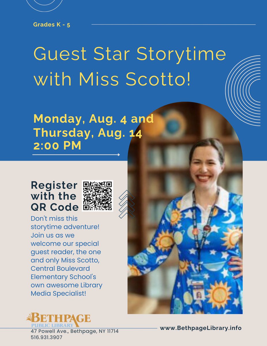 👀Look who is visiting our library this summer! ✨⭐️Come register to see <a href="/scotto_educator/">Ms. Scotto</a> for storytime!  👩‍🏫📘😎<a href="/CBS_Bethpage/">Central Boulevard Elementary School</a> 
Click to register: events.bethpagelibrary.info/event/14103946