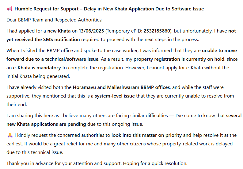 balajisitecore's tweet photo. New Khata application submitted on 13/06/2025 (Temporary ePID: 2532185860) has been pending for over a month. Kindly resolve the issue as my property registration is completely on hold.
@BBMPCOMM @BBMPofficial @DecodingBBMP  @BbmpEast  @bbmpcac https://t.co/FWAKh9J8lq