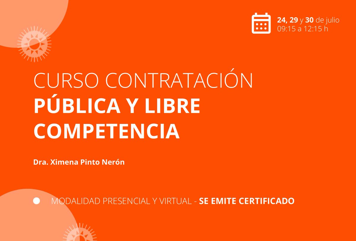 Curso Contratación Pública y Libre Competencia
Dictado por Dra. Ximena Pinto Nerón

📅24, 29 y 30 de julio
🕕9:15 a 12:15 h
💻Modalidad virtual y presencial
📌Fundación de Cultura Universitaria - 25 de mayo 553
Se emite certificado

➡Inscripciones en FCU.EDU.UY/EVENTOS