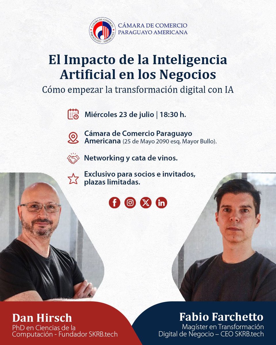 🚀 La IA llegó para transformarlo todo, incluyendo la forma de hacer negocios. 

Compartiremos el Conversatorio sobre “El Impacto de la Inteligencia Artificial en los Negocios. Cómo empezar la transformación digital con IA”, con la participación de dos expertos internacionales.