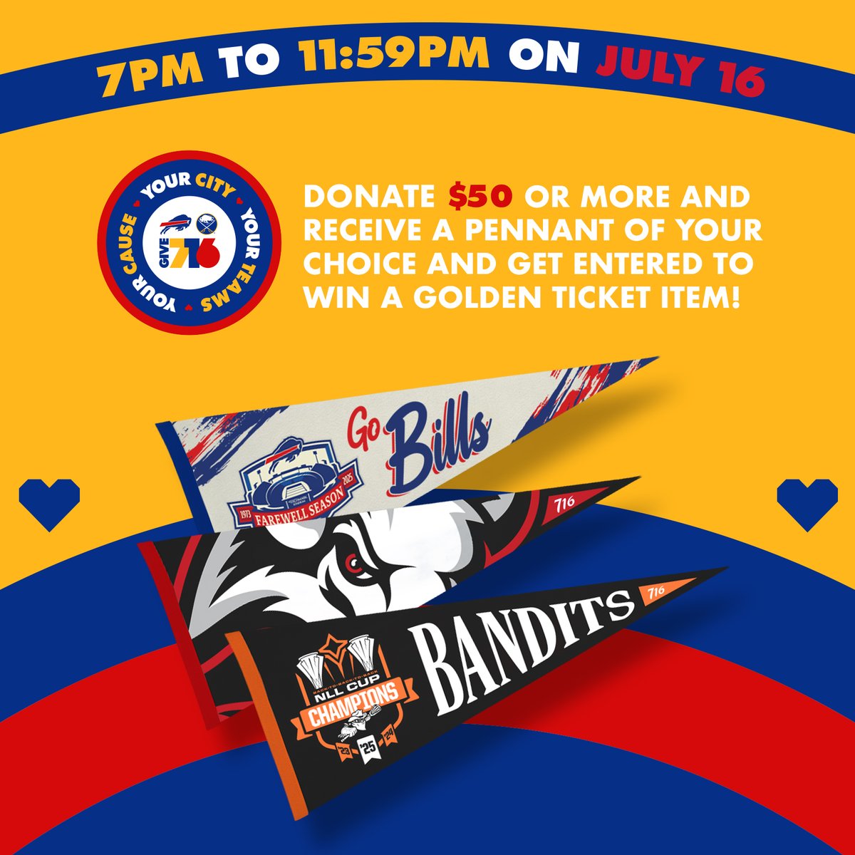 Buffalo & Erie County Public Library (@buffalolibrary) on Twitter photo #Give716 is winding down -- this is your last chance!
Between 7 p.m. and 11:59 p.m., donate $50 or more & receive a pennant of your choice - #Bills, #Sabres or #Bandits! 
You'll also be entered to win a "Golden Ticket" item.
Donate now: bl.buffalolib.org/Give2025 #Give716 is winding down -- this is your last chance!
Between 7 p.m. and 11:59 p.m., donate $50 or more & receive a pennant of your choice - #Bills, #Sabres or #Bandits! 
You'll also be entered to win a "Golden Ticket" item.
Donate now: bl.buffalolib.org/Give2025
