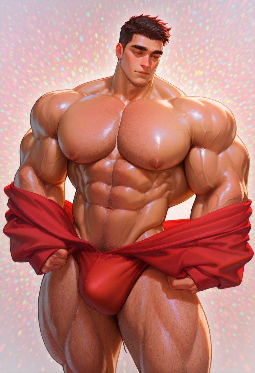 Temptation of the Red-Clad Muscle Hunk
 A red-clad hunk’s chiseled body glistens with sweat, youth and lust ablaze!  A bound knight, his teasing gaze begs for control. Unlock his surrender on Patreon! Comment: Can you tame this fiery stud? 
#bara #gayart #NSFW #redcladhunk