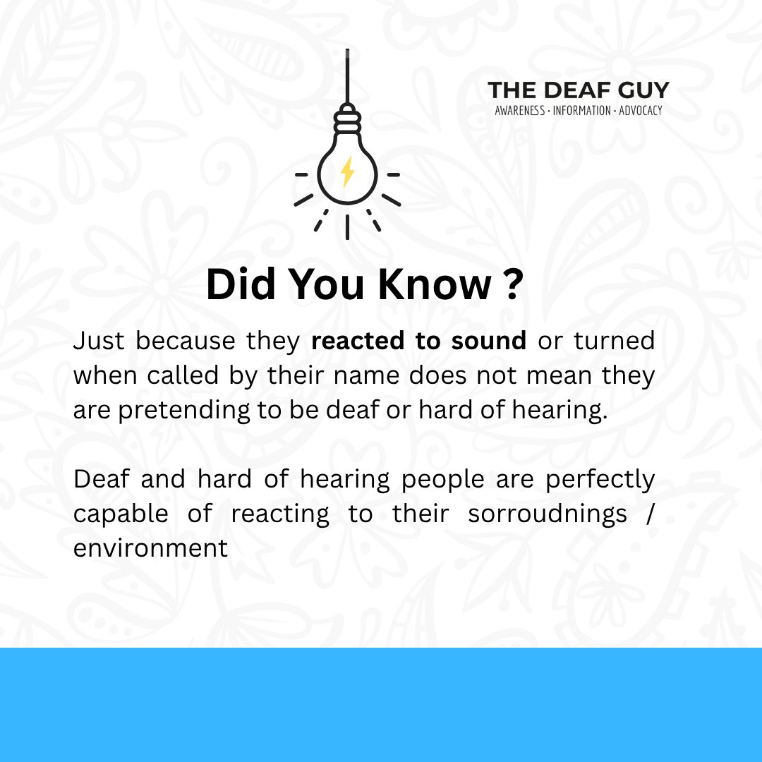 Just because someone reacts to sound or turns when called doesn't mean they're "faking" being Deaf or hard of hearing.

Deaf people are fully aware of their surroundings sight, vibration, and intuition are powerful.

#DeafAwareness #DisabilityInclusion