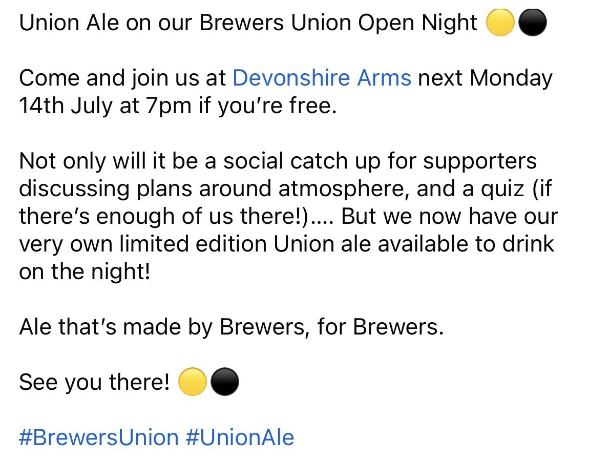 BrewersUnion24's tweet photo. Brewers Union open night

🗓️ 14th July

🕰️ 7pm

@TheDeviBurton 🍻

Limited edition Union Ale 🍻

See you there! 🟡⚫️

#BrewersUnion #UnionAle https://t.co/5Qdv8JIrjN