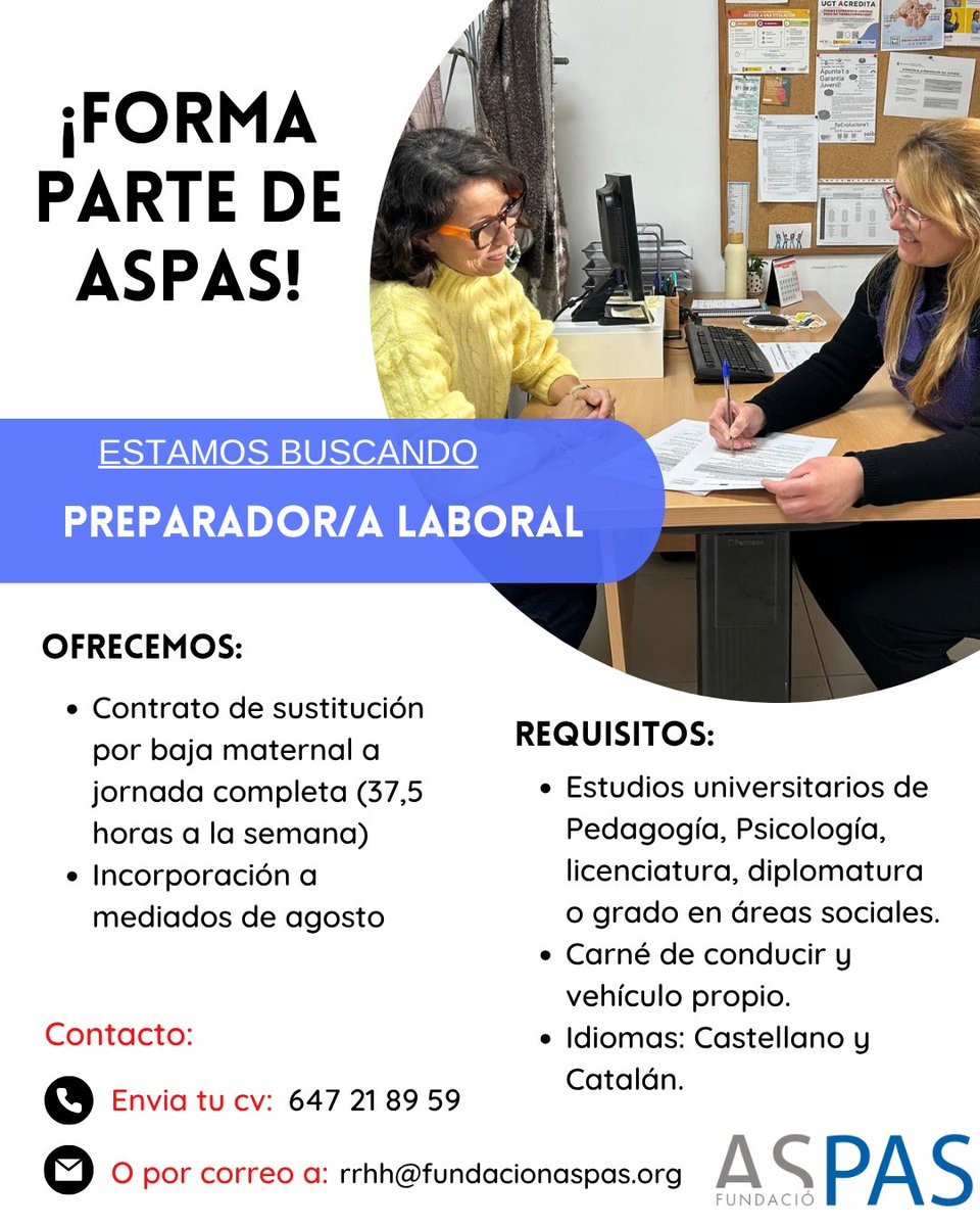 #feina #trabajo Preparador-a laboral a ASPAS👇