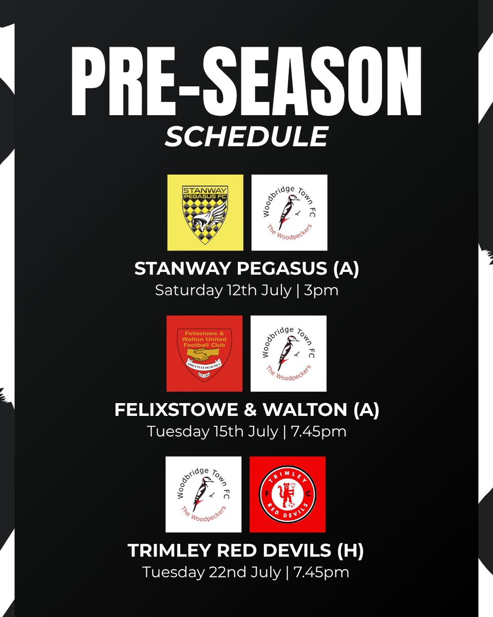 WTFC (@woodbridgetown) on Twitter photo Getting back to it๐ช
This is our pre-season schedule as the peckers prepare for an exciting 25/26 season๐ฅ
12/7 - <a href="/StanwayPegasus/">Stanway Pegasus FC</a> (A)
15/7 - <a href="/Felixseasiders/">Felixstowe & Walton Utd FC</a> (A)
22/7 - <a href="/TrimRedDevils/">Trimley Red Devils F.C.</a> (H)
#WTFC | #NonLeague Getting back to it๐ช
This is our pre-season schedule as the peckers prepare for an exciting 25/26 season๐ฅ
12/7 - <a href="/StanwayPegasus/">Stanway Pegasus FC</a> (A)
15/7 - <a href="/Felixseasiders/">Felixstowe & Walton Utd FC</a> (A)
22/7 - <a href="/TrimRedDevils/">Trimley Red Devils F.C.</a> (H)
#WTFC | #NonLeague