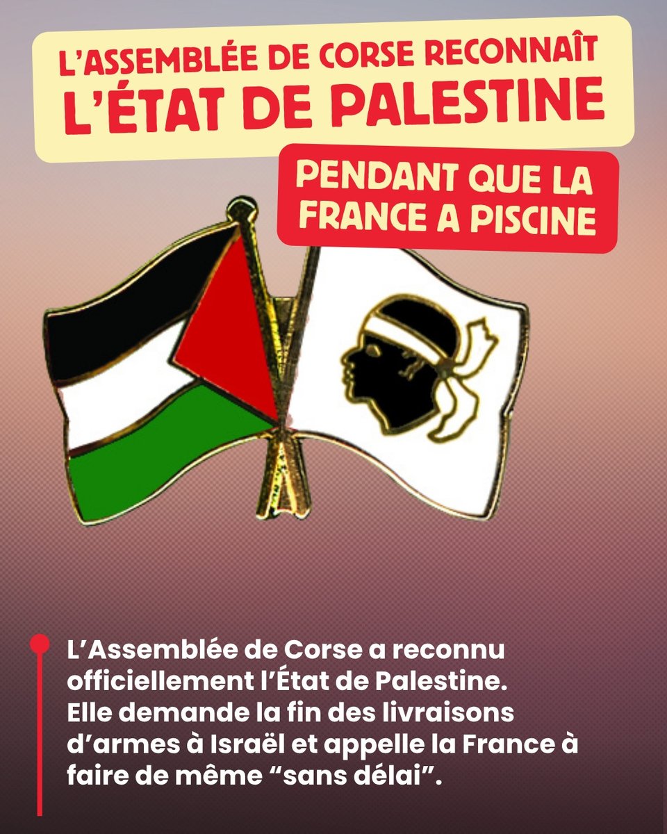 El parlament autònom de Còrsega, amb majoria sobiranista, ha reconegut el passat 27 de juny l'estat palestí, mentre França continua sent còmplice del genocidi