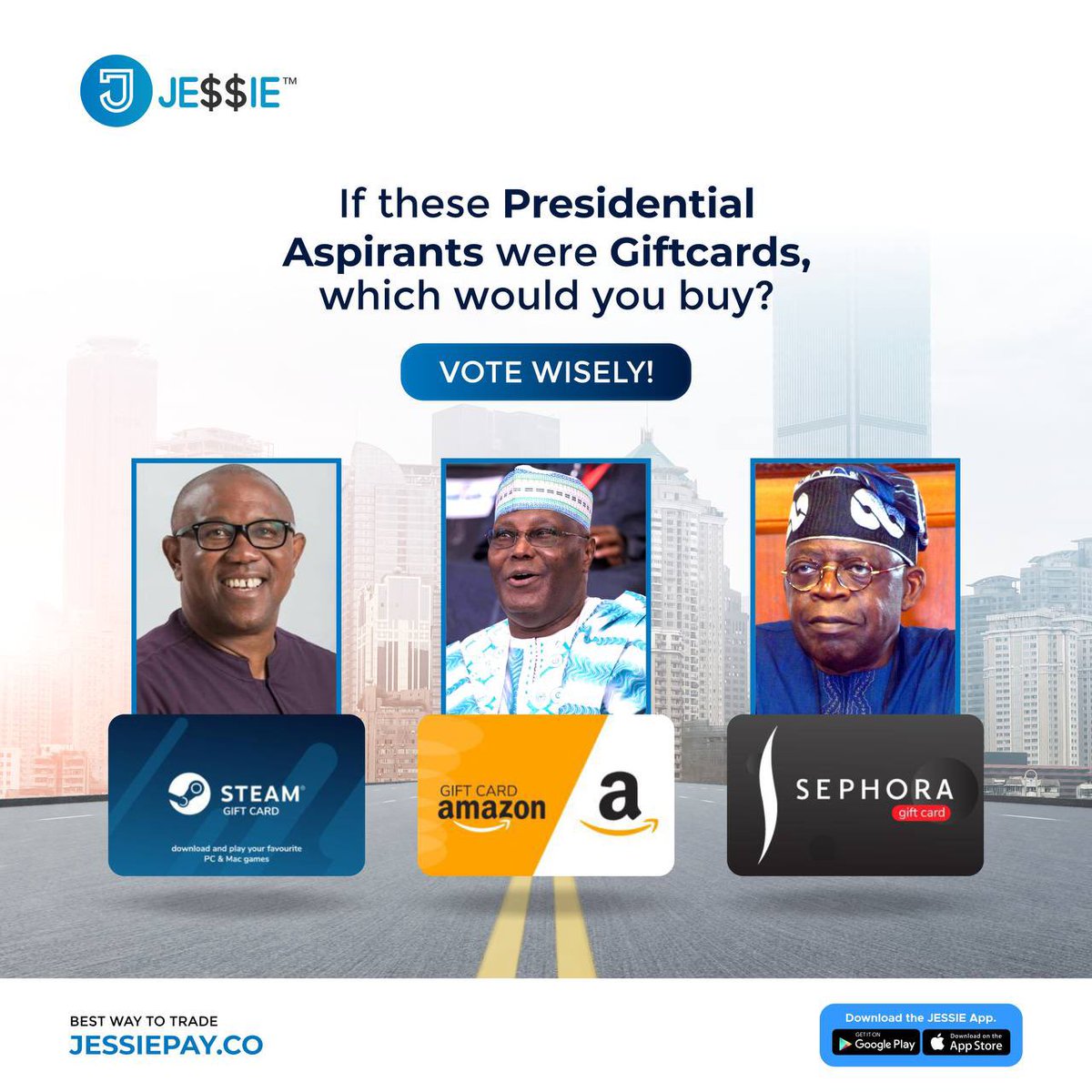JessieHelpDesk's tweet photo. Which Giftcard would you buy? 

Peter Obi = Steam 
Atiku = Amazon 
Tinubu = Sephora 

While shopping today, remember to go get your PVC, your future depends on it. 

Vote wisely!  Let’s get it right this time!

Trade with Jessie today, click on the link in bio to get started. https://t.co/pB6w0Y7ckH